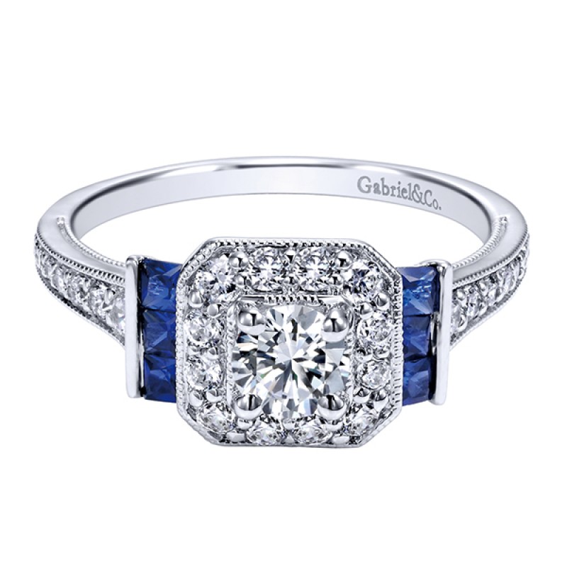 14k White Gold Diamond  And Sapphire Halo Engagement Ring