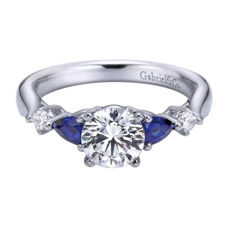 14k White Gold Diamond  And Sapphire Straight Engagement Ring