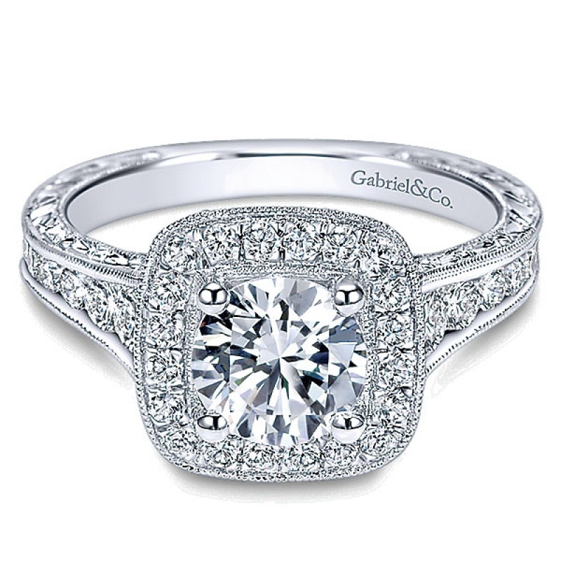 Gabriel & Co. 14k White Gold Diamond Halo Ring Channel and Milgrain ER8794W44JJ