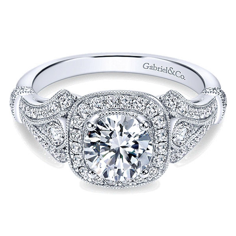 Gabriel & Co. 14k White Gold Diamond Halo Ring and Filgree Setting ER7479W44JJ