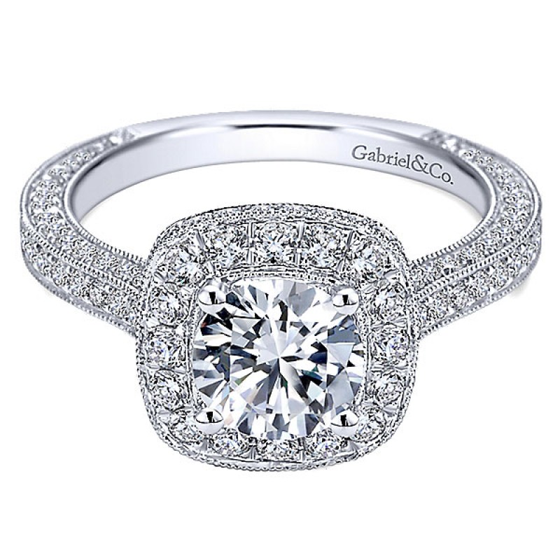 Gabriel & Co. 14k White Gold Diamond Pave Halo Ring Milgrain and Channel Set ER7256W44JJ