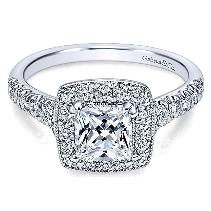 Gabriel & Co. 14k White Gold Pave Shank and Princess Cut Diamond Halo Ring ER10907W44JJ