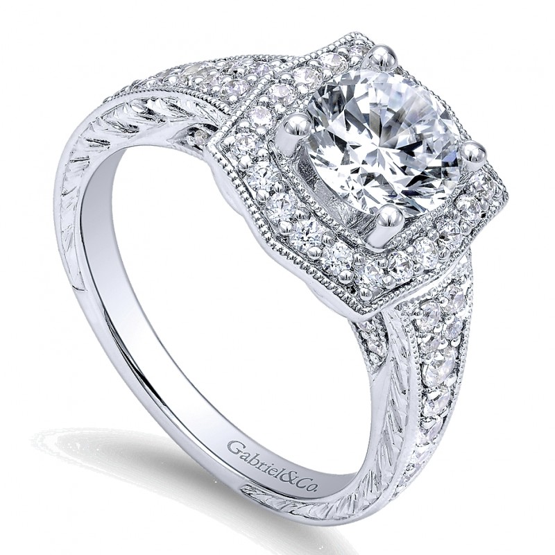 Channel and Hand Cut Etched Round Halo Diamond Ring ER10191W44JJ